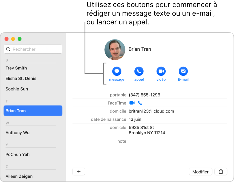 Une fiche de contact affichant les boutons situés sous le nom du contact. Vous pouvez utiliser ces boutons pour commencer un SMS; un appel téléphonique; audio ou vidéo, ou un e-mail.