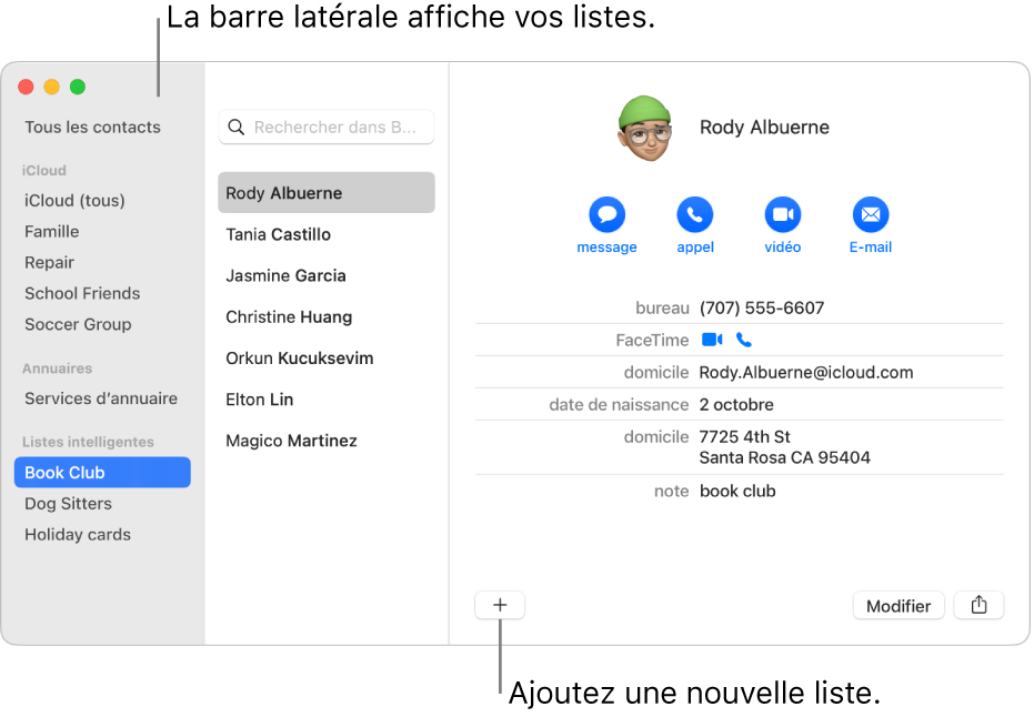 La fenêtre Contacts affichant la barre latérale avec des listes, comme la liste Cyclisme, et le bouton en bas de la fiche d’un contact pour ajouter une nouvelle liste.