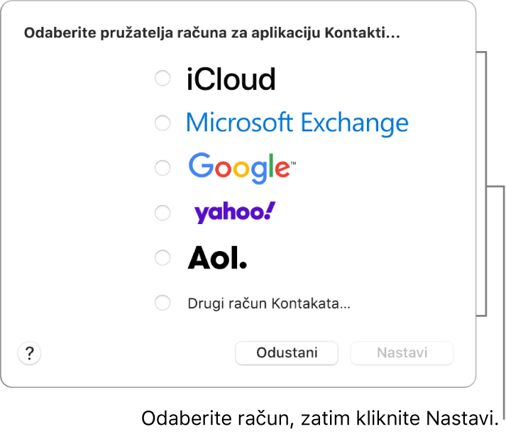 Popis vrsta internetskih računa koje možete dodati u aplikaciju Kontakti: iCloud, Exchange, Google, Yahoo, AOL, i Drugi račun Kontakata.