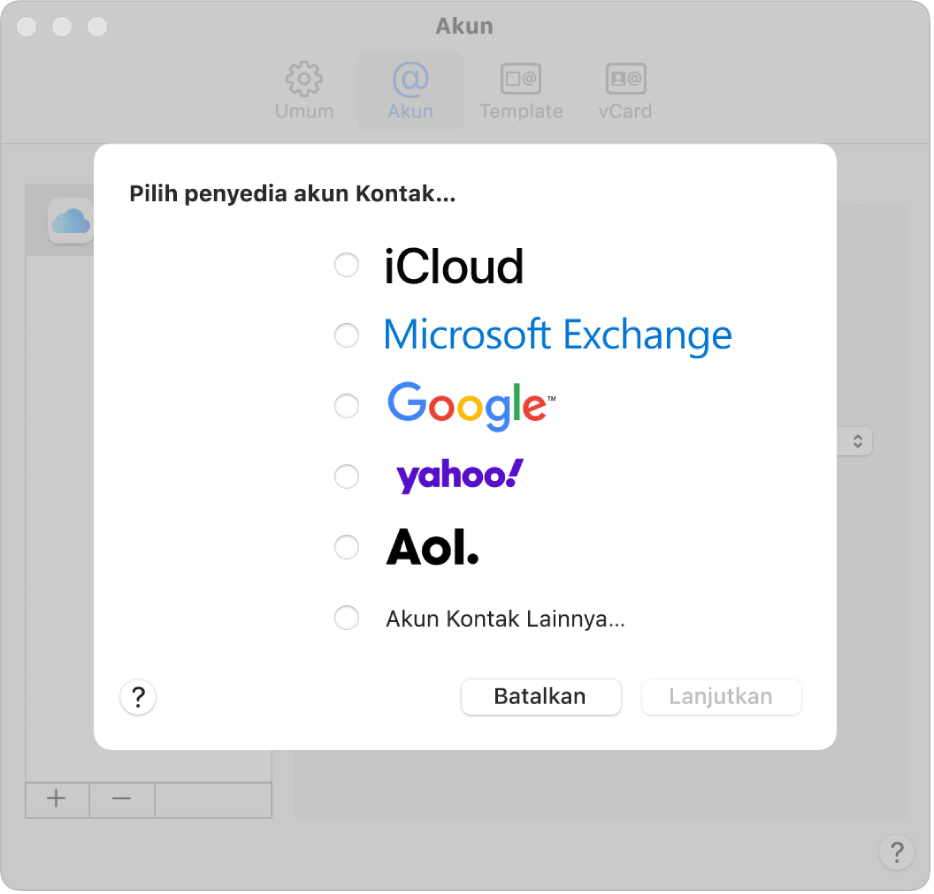 Jendela untuk menambahkan akun internet ke app Kontak.