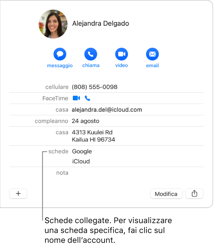 Una scheda collegata a due account nella sezione Schede; per visualizzare un account specifico, fai clic sul nome corrispondente.