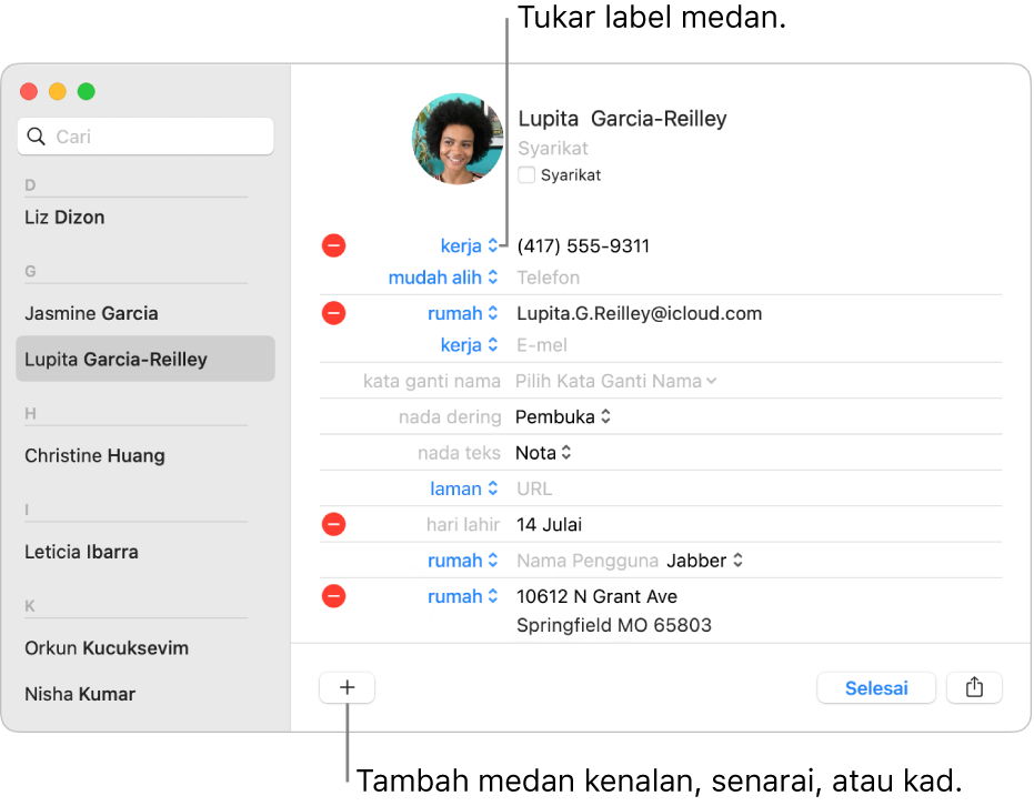 Kad kenalan menunjukkan label medan yang boleh diubah dan butang di bahagian bawah kad untuk menambah kenalan, senarai, atau medan kad.