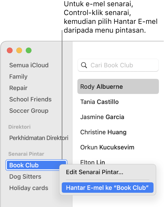 Bar sisi Kenalan menunjukkan menu timbul dengan perintah untuk menghantar e-mel kepada senarai dipilih.