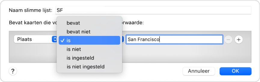 Het dialoogvenster van de slimme lijst met de lijst 'SF' en een voorwaarde met drie criteria.
