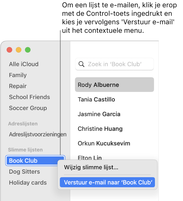 De navigatiekolom van Contacten met een pop‑upmenu waarin het commando is geselecteerd om een e‑mail naar de lijst te versturen.