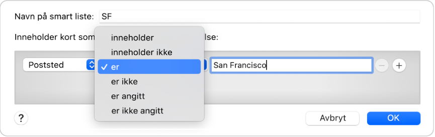 Smart liste-dialogruten, som viser en liste med navnet SF og en betingelse med tre kriterier.