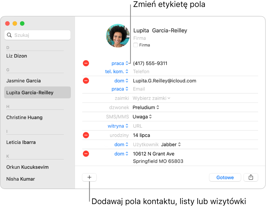 Wizytówka zawierająca etykietę pola, którą można zmienić, a także przycisk na dole, pozwalający dodać kontakt, listę lub pole.