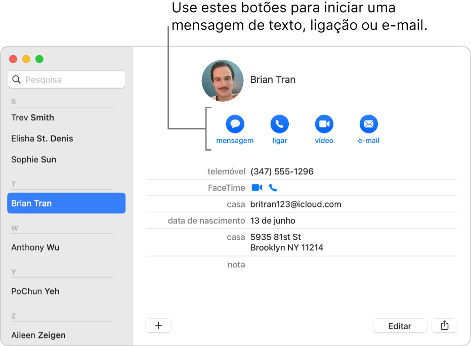 Uma ficha de contacto a mostrar os botões que se encontram por baixo do nome do contacto. Estes botões permitem iniciar uma mensagem de texto; chamada telefónica; chamada de áudio ou vídeo e enviar um e-mail.