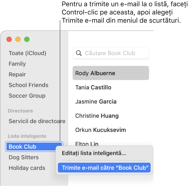 Bara laterală Contacte, afișând meniul pop‑up cu comanda pentru trimiterea unui e‑mail către lista selectată.