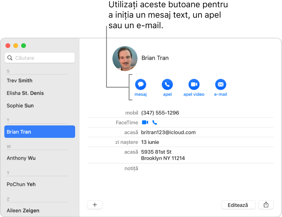 O carte de vizită prezentând butoane aflate sub numele contactului. Puteți utiliza aceste butoane pentru a iniția un mesaj text; un apel telefonic, audio sau video sau un e-mail.