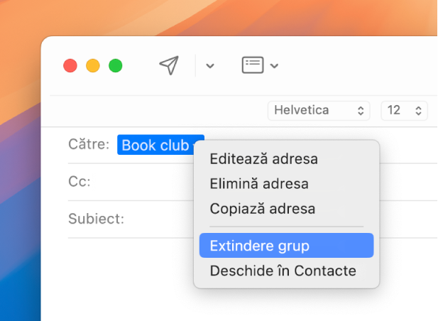 Un e-mail în aplicația Mail, afișând o listă în câmpul Către și meniul pop‑up afișând comanda selectată Extindere grup.
