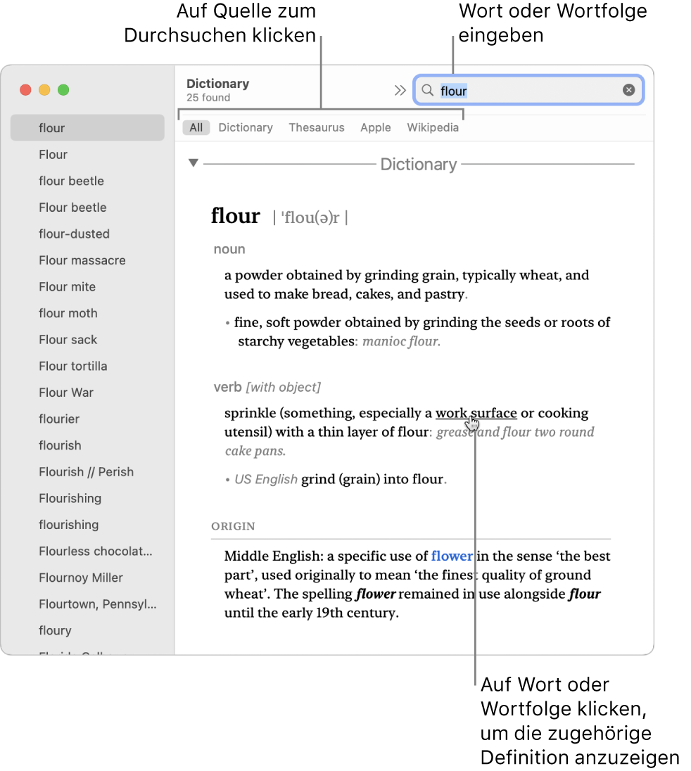 Das Lexikon-Fenster mit einer Definition. Klicke auf ein Wort in der Definition, um dessen Definition anzuzeigen. Zum Auswählen einer Quelle für die Suche klicke auf den betreffenden Namen in der Quellenleiste, die sich unter der Symbolleiste befindet. Gib ein Wort oder eine Formulierung im Suchfeld ein.