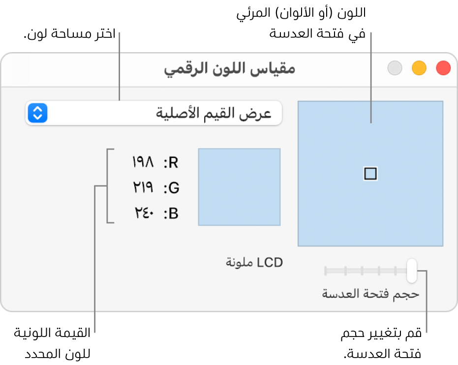 نافذة مقياس اللون الرقمي، تبين اللون المحدد في فتحة العدسة على اليمين، قائمة مساحة اللون المنبثقة، قيم اللون، وشريط تمرير حجم فتحة العدسة.