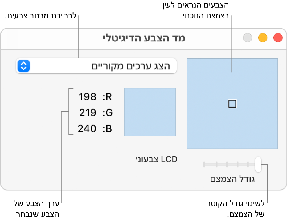 חלון ״מד הצבע הדיגיטלי״ המציג את הצבע הנבחר בצמצם משמאל, את התפריט הקופצני של מרחב הצבעים, את ערכי הצבע ואת המחוון ״גודל הצמצם״.