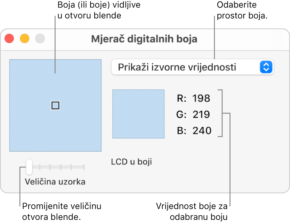 Prozor Mjerač digitalnih boja, prikazuje boju odabranu u uzorku slijeva, skočni izbornik prostora boje, vrijednosti boje i kliznik Veličina uzorka.