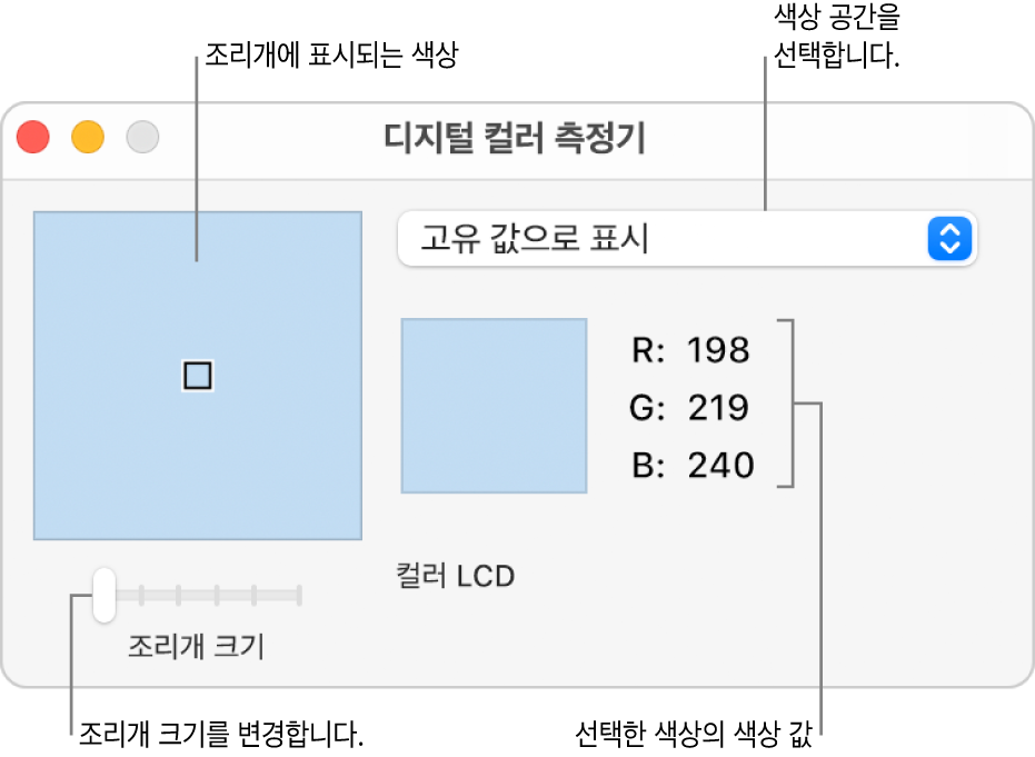 왼쪽 조리개에서 선택된 색상, 색상 공간 팝업 메뉴, 색상값, 조리개 크기 슬라이더를 보여주는 디지털 컬러 측정기 윈도우.
