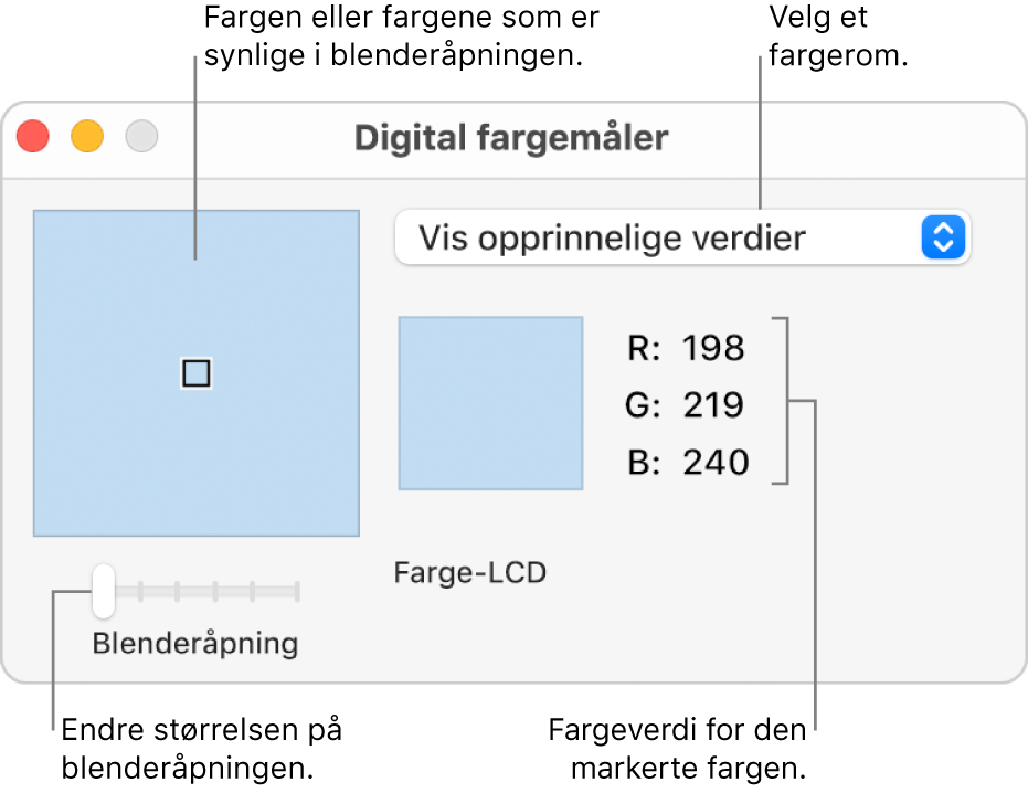 Digital fargemåler-vinduet som viser fargen som er markert i blenderåpningen til venstre, fargeromlokalmenyen, fargeverdiene og Blenderåpning-skyveknappen.