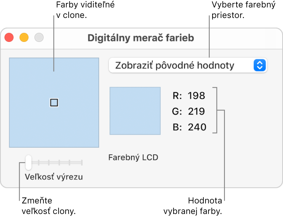 Okno aplikácie Digitálny merač farieb zobrazujúce vybranú farbu v clone naľavo, vyskakovacie menu farebného priestoru, hodnoty farby a posuvník Veľkosť clony.