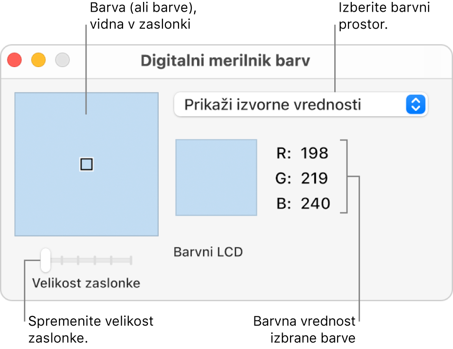 Okno Digitalnega merilnika barv, ki prikazuje izbrano barvo v zaslonki na levi, pojavni meni barvnega prostora, vrednosti barv in drsnik Velikost zaslonke.