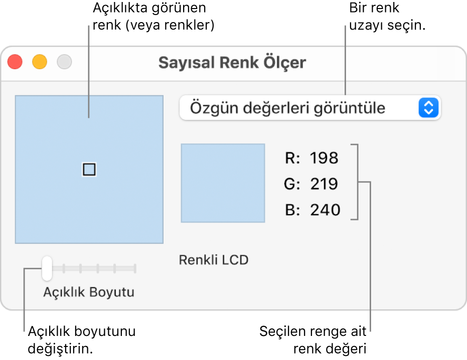 Soldaki açıklıkta seçilen rengi, renk uzayı açılır menüsünü, renk değerlerini ve Açıklık Boyutu sürgüsünü gösteren Sayısal Renk Ölçer penceresi.