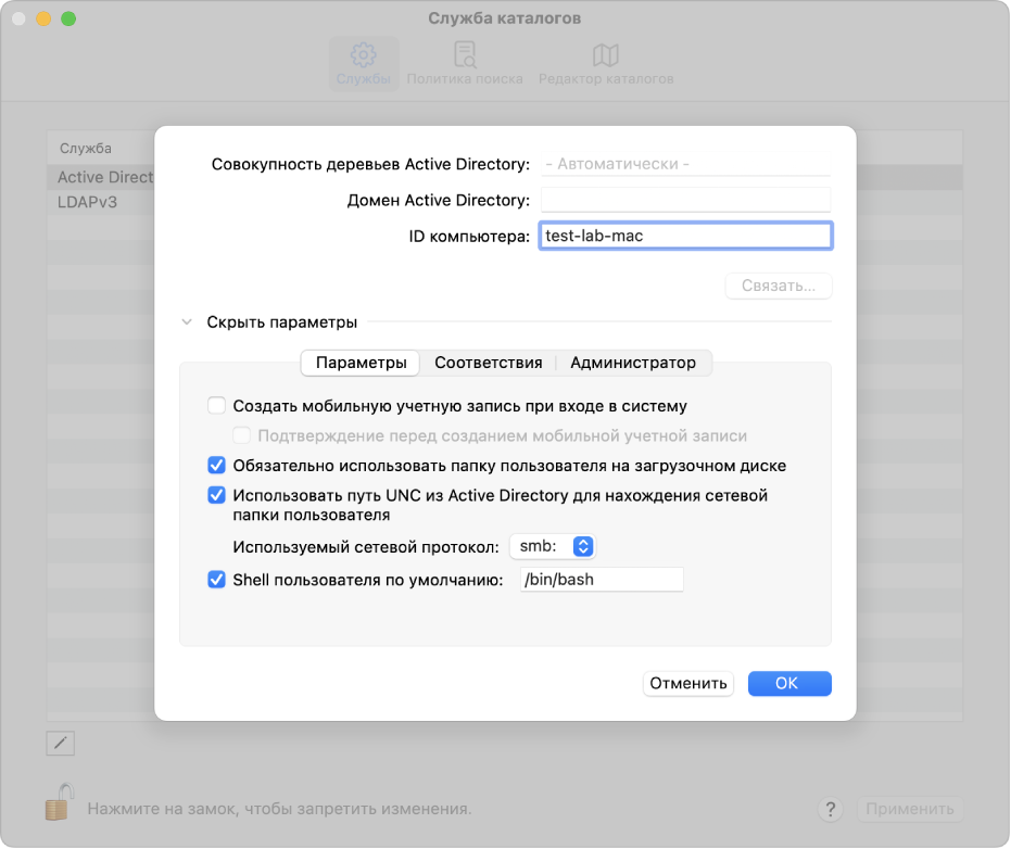 Параметры конфигурации Active Directory. Раздел расширенных параметров развернут.
