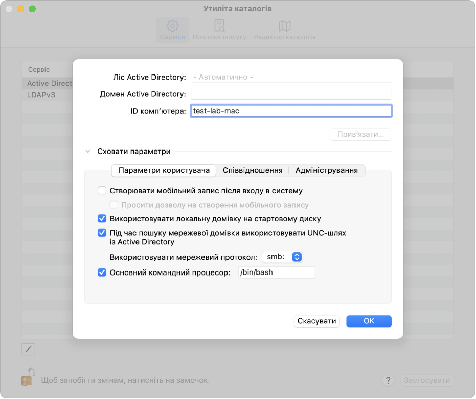 Опції конфігурації Active Directory з розгорнутим розділом експертних параметрів.