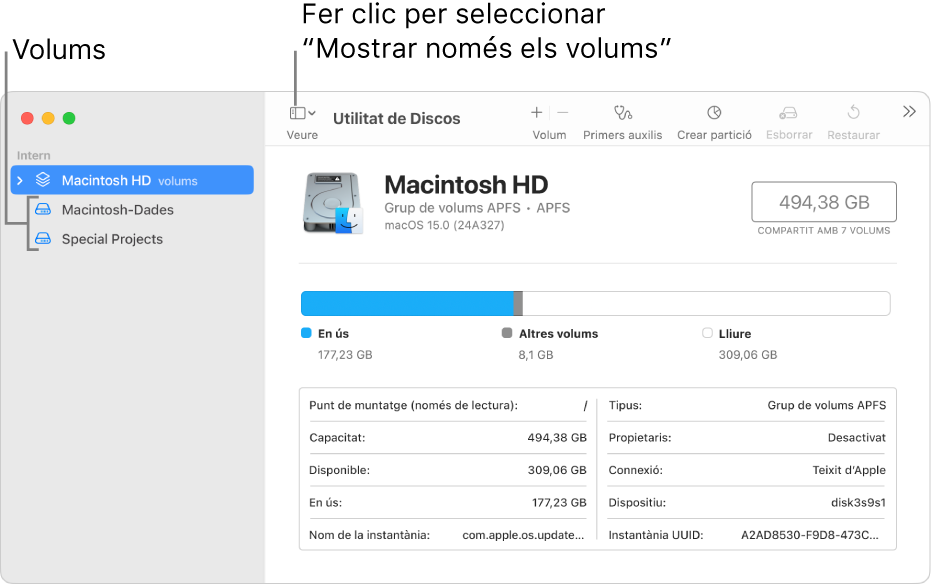 Una finestra de la Utilitat de Discos on es mostra la vista “Mostra només els volums”.