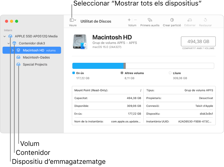 Una finestra de la Utilitat de Discos on es poden veure tres volums, un contenidor i un dispositiu d’emmagatzematge a la vista “Mostra tots els dispositius”.
