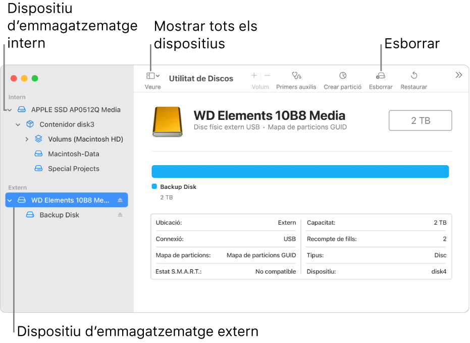 Una finestra de la Utilitat de Discos on es poden veure dos dispositius d’emmagatzematge a la vista “Mostra tots els dispositius”.