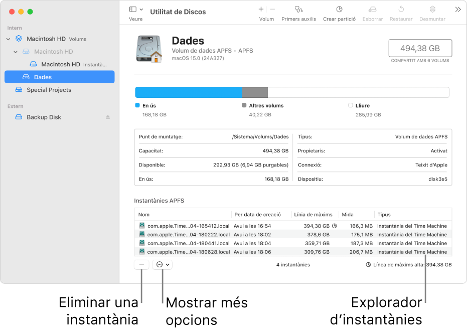 Una finestra de la Utilitat de Discos on es mostra el navegador d’instantànies.