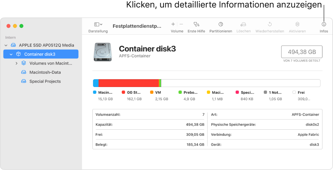 Fenster des Festplattendienstprogramms mit einem ausgewählten Speichergerät in der Seitenleiste; auf der rechten Seite werden die zugehörigen Informationen zu dem Gerät angezeigt.