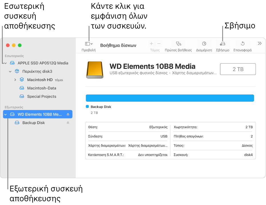 Ένα παράθυρο του Βοηθήματος δίσκων όπου εμφανίζονται δύο συσκευές αποθήκευσης στην προβολή «Εμφάνιση όλων των συσκευών».