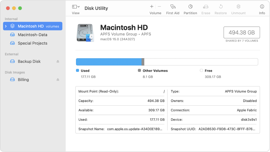 The Disk Utility window, showing two APFS volumes on an internal disk, a volume on an external disk and a disk image.