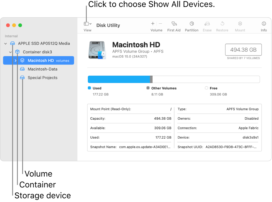 A Disk Utility window, showing three volumes, a container, and a storage device in Show All Devices view.