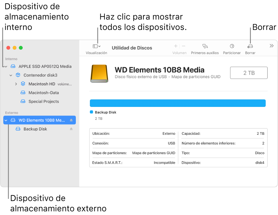 La ventana de Utilidad de Discos mostrando dos dispositivos de almacenamiento en la visualización Mostrar todos los dispositivos.