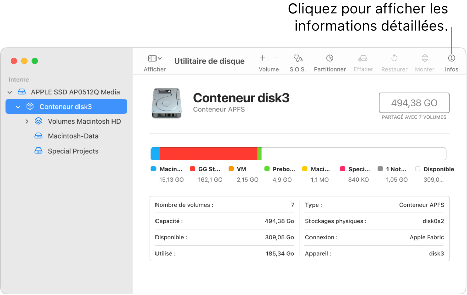 Fenêtre Utilitaire de disque affichant un appareil de stockage sélectionné dans la barre latérale et des informations sur l’appareil affichées sur la droite.