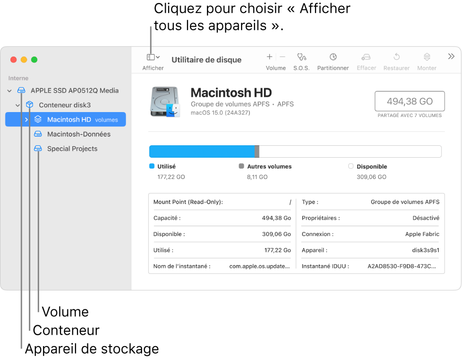 Fenêtre Utilitaire de disque affichant trois volumes, un conteneur et un appareil de stockage en présentation Afficher tous les appareils.