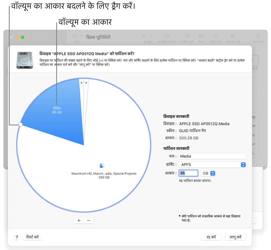 पार्टिशन विंडो जो कई पार्टिशन वाली भौतिक डिस्क दिखाती है।