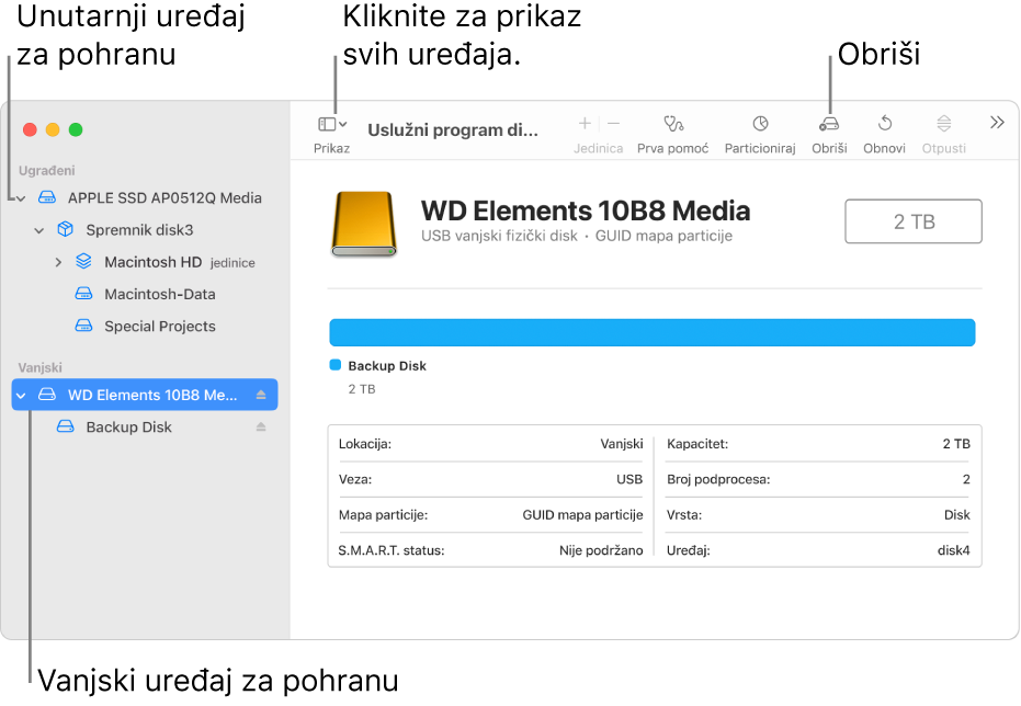 Program Uslužnog programa diska s prikazom dvaju uređaja za pohranu u prikazu Prikaži sve uređaje.