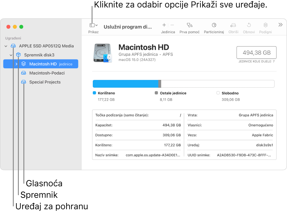 Prozor Uslužni program diska prikazuje tri jedinice, spremnik i uređaj za pohranu u prikazu Prikaži sve uređaje.