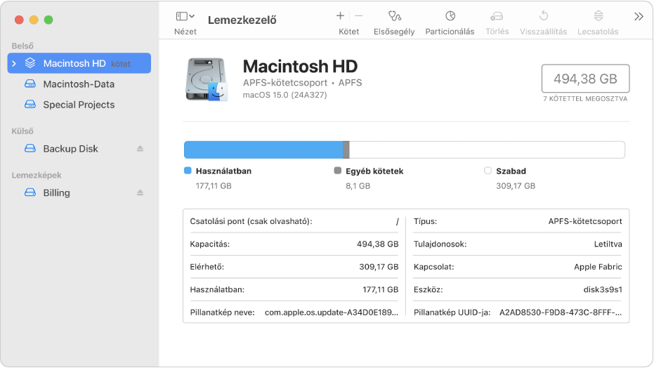A Lemezkezelő ablaka, két APFS-kötettel a belső lemezen, kötettel külső lemezen és lemezképpel.