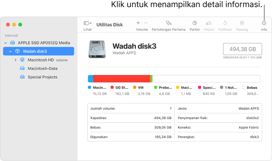 Jendela Utilitas Disk menampilkan perangkat penyimpanan dipilih di bar samping dan informasi mengenai perangkat ditampilkan di sebelah kanan.