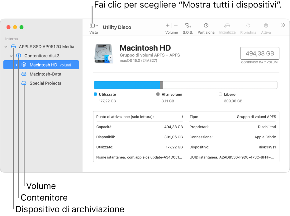 Una finestra di Utility Disco, che mostra tre volumi, un contenitore e un dispositivo di archiviazione nella vista “Mostra tutti i dispositivi”.