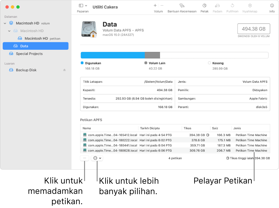 Tetingkap Utiliti Cakera menunjukkan pelayar petikan.