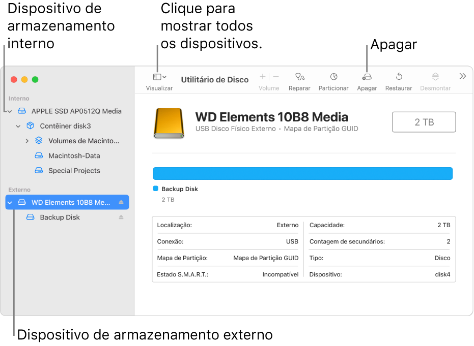 Janela do Utilitário de Disco mostrando dois dispositivos de armazenamento na visualização Mostrar Todos os Dispositivos.