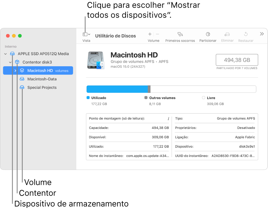 Uma janela do Utilitário de Discos na vista “Mostrar todos os dispositivos”.