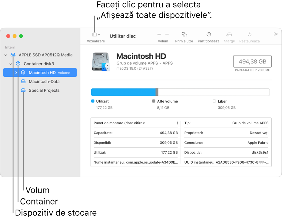 O fereastră Utilitar disc afișând trei volume, un container și un dispozitiv de stocare în vizualizarea Afișează toate dispozitivele.