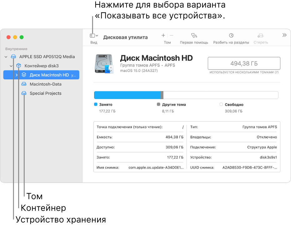 Окно Дисковой утилиты в режиме «Показывать все устройства». Отображаются три тома, контейнер и устройство хранения.