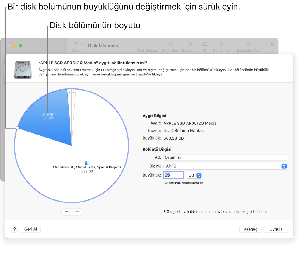 Birden çok bölüntüye sahip fiziksel bir diski gösteren Bölüntüler penceresi.