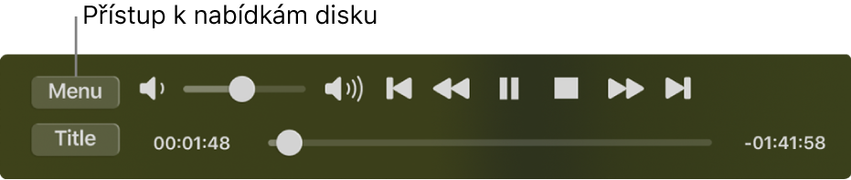 V levém horním rohu oddílu s ovládacími prvky DVD přehrávače se nachází tlačítko Nabídka. Kliknutím na tlačítko Nabídka zobrazíte nabídky pro disk
